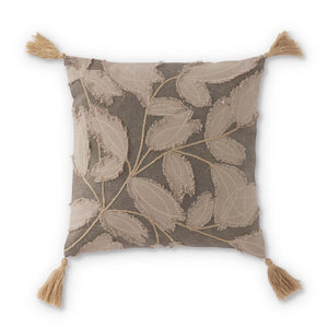 20 INCH SQUARE GRAY PILLOW W/TAUPE LEAF EMBROIDERED APPLIQUE & TASSELS