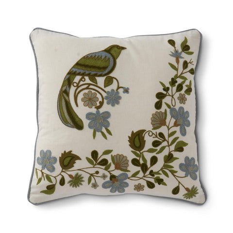 20 INCH SQUARE BLUE GREEN EMBROIDERED FLORAL & BIRD PILLOW