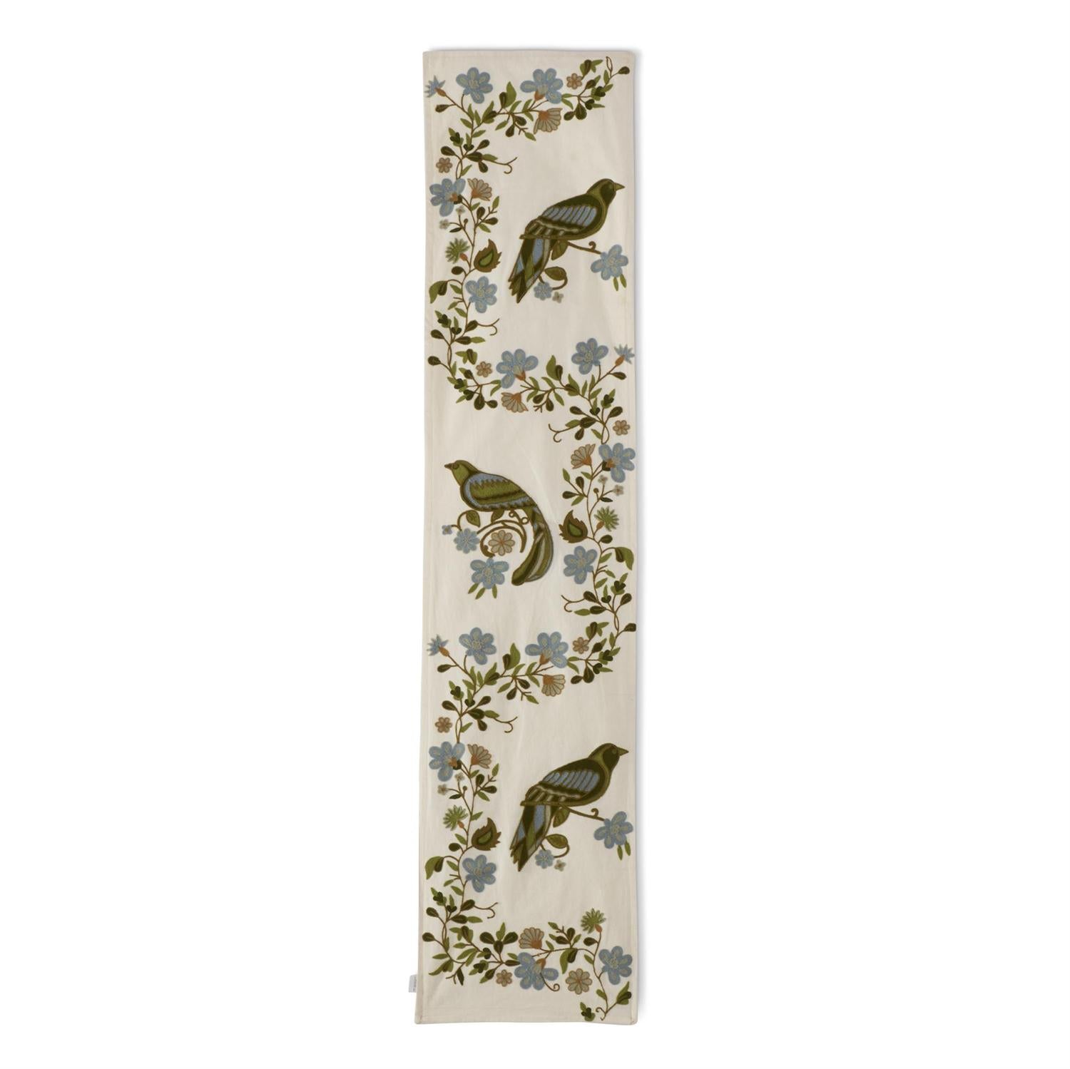 72 INCH BLUE GREEN FLORAL & BIRD EMBROIDERED TABLE RUNNER