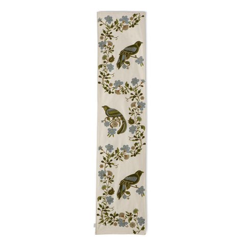 72 INCH BLUE GREEN FLORAL & BIRD EMBROIDERED TABLE RUNNER