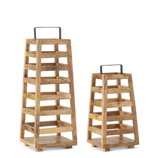 Set of 2 Trapezoid Wood Slat Lanterns w/Black Metal Handle