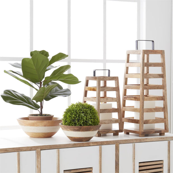 Set of 2 Trapezoid Wood Slat Lanterns w/Black Metal Handle