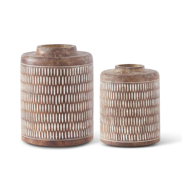 WOOD VASES W/WHITEWASHED CARVED PATTERN 2 Size options