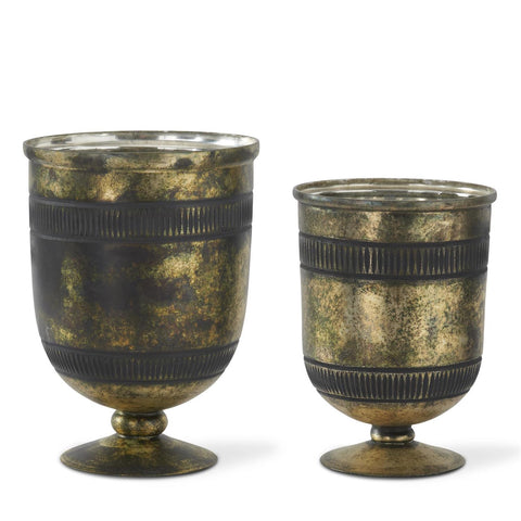 Set of 2 Rustic Gold Double Line Etched Glass Vases
