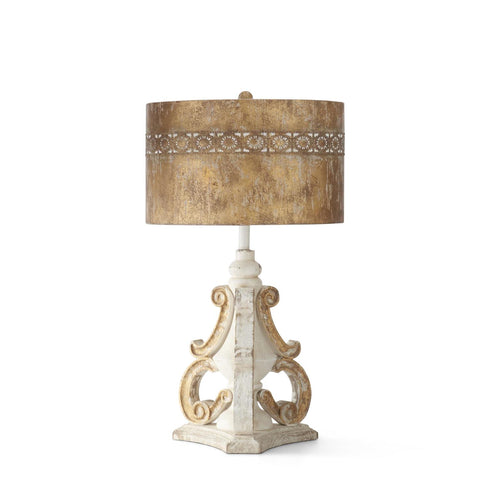 27.5 Inch Weathered White & Gold Tri Scroll Lamp w/Gold Metal Shade