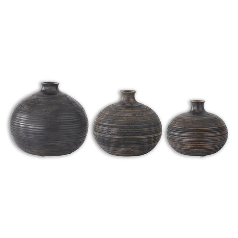 Set of 3 Black Weathered Groove Carved Round Vases