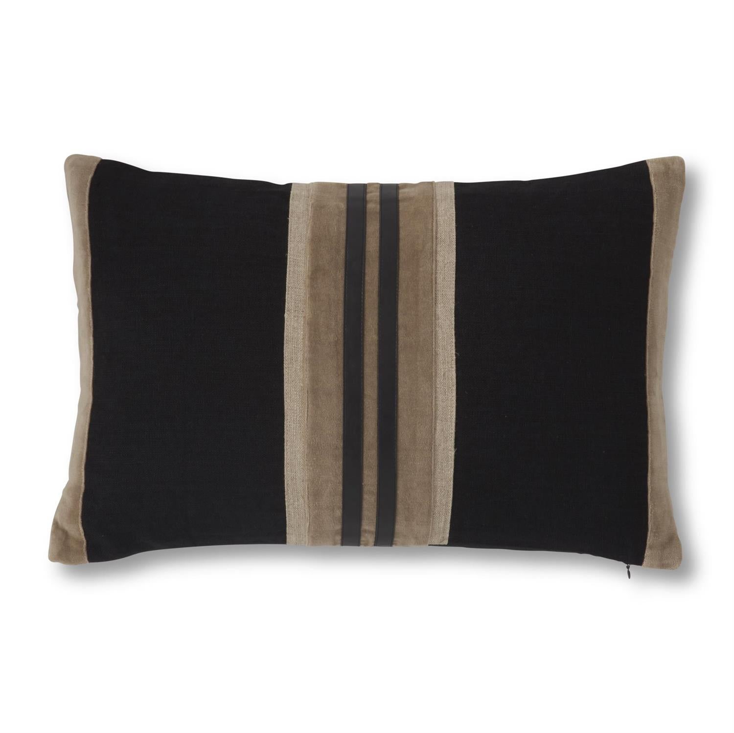 20 Inch Lumbar Black Linen Cotton Velvet & Vegan Leather Striped Pillow