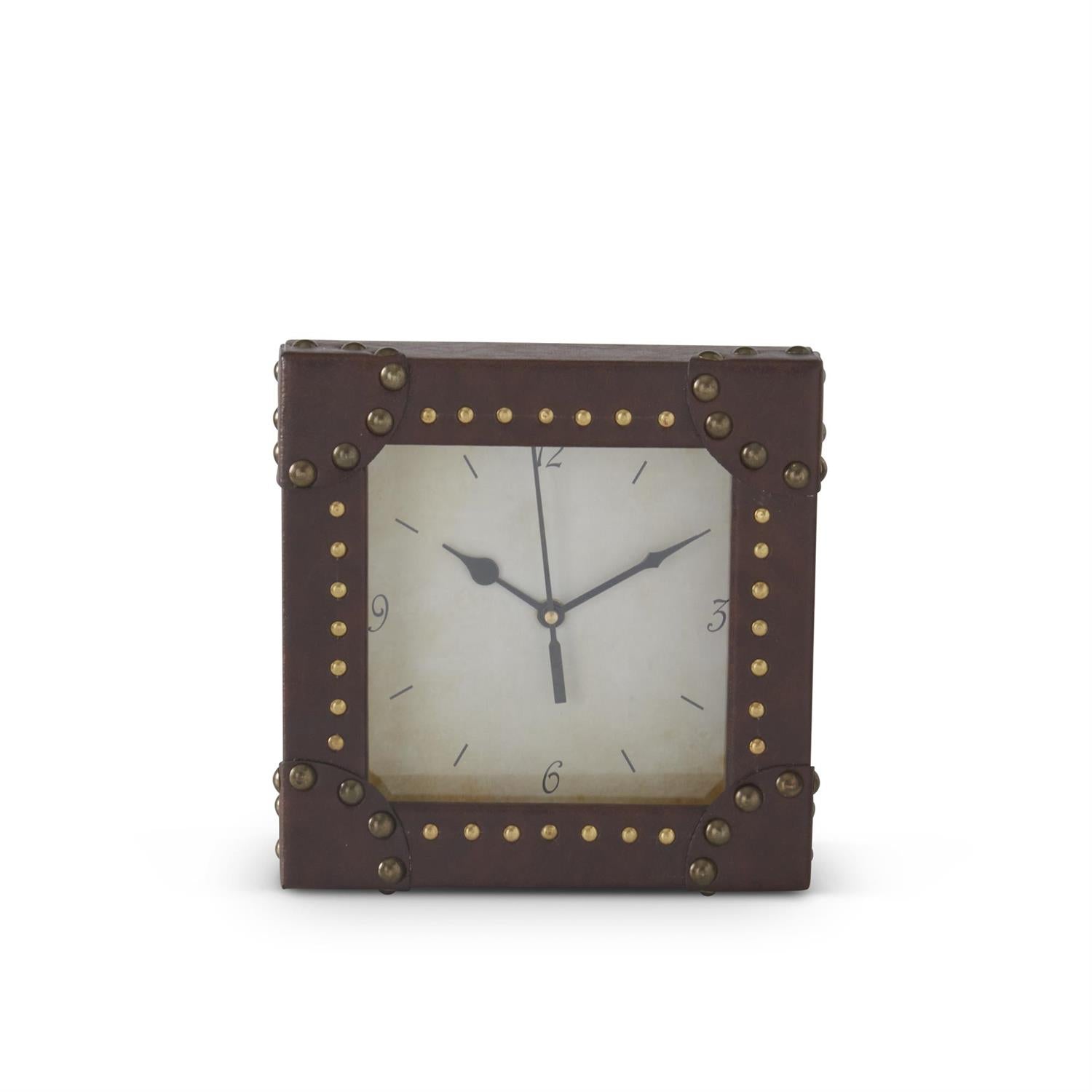 8 Inch Square Brown Vegan Leather & Gold Rivet Mantel Clock