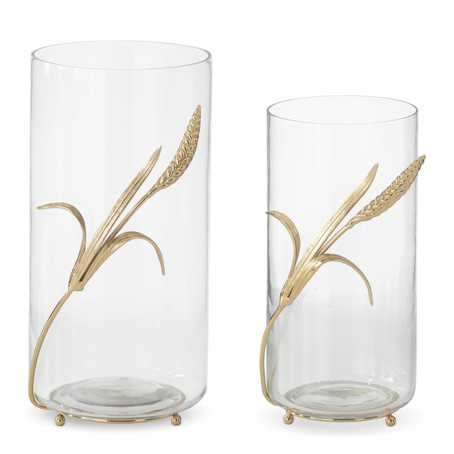 Set of 2 Glass Vases w/Gold Feet & Wheat
