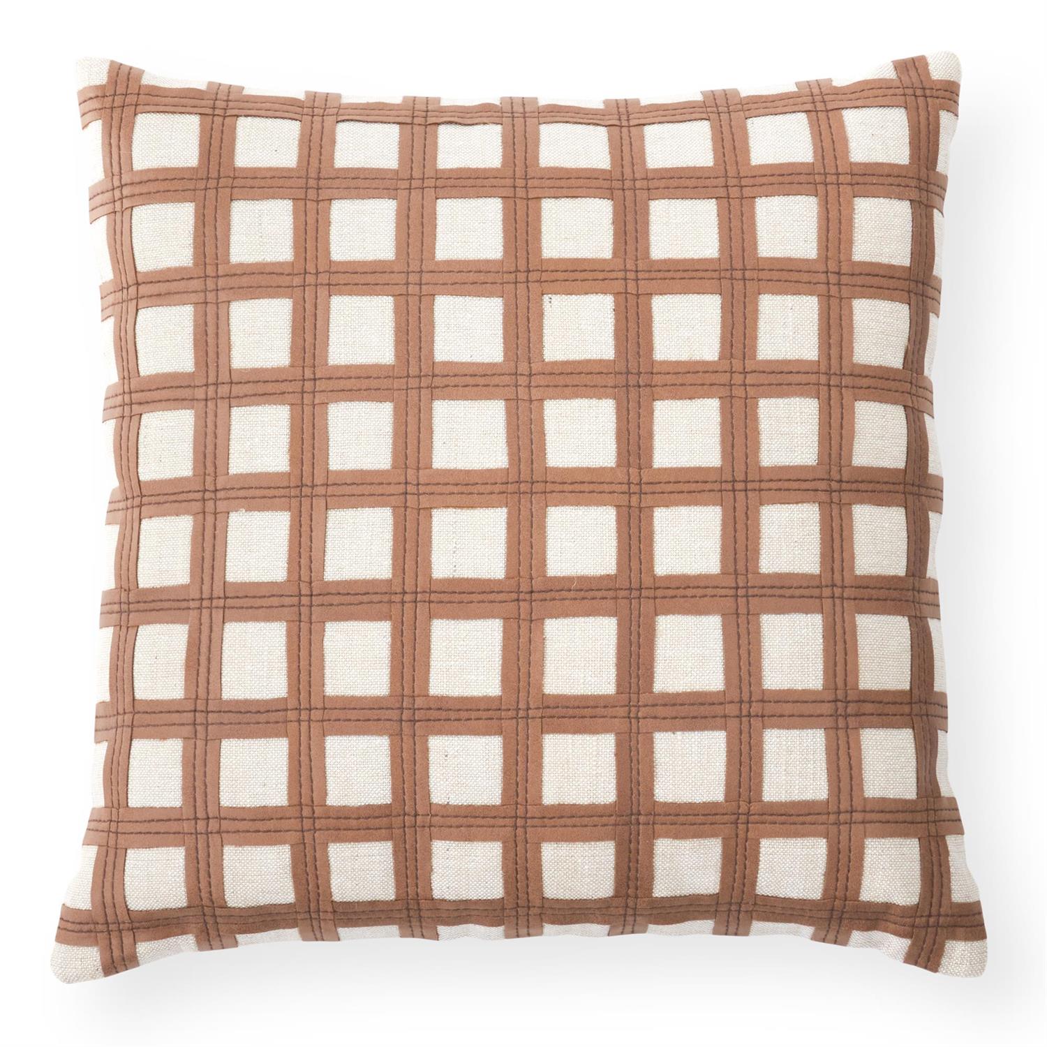 20 Inch Tan Vegan Leather & Cotton Jute Square Pillow