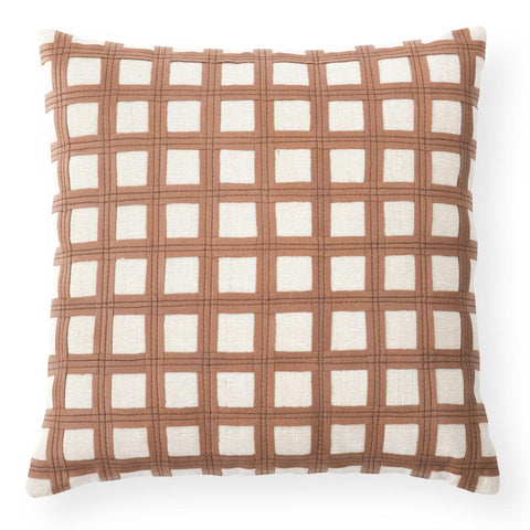 20 Inch Tan Vegan Leather & Cotton Jute Square Pillow