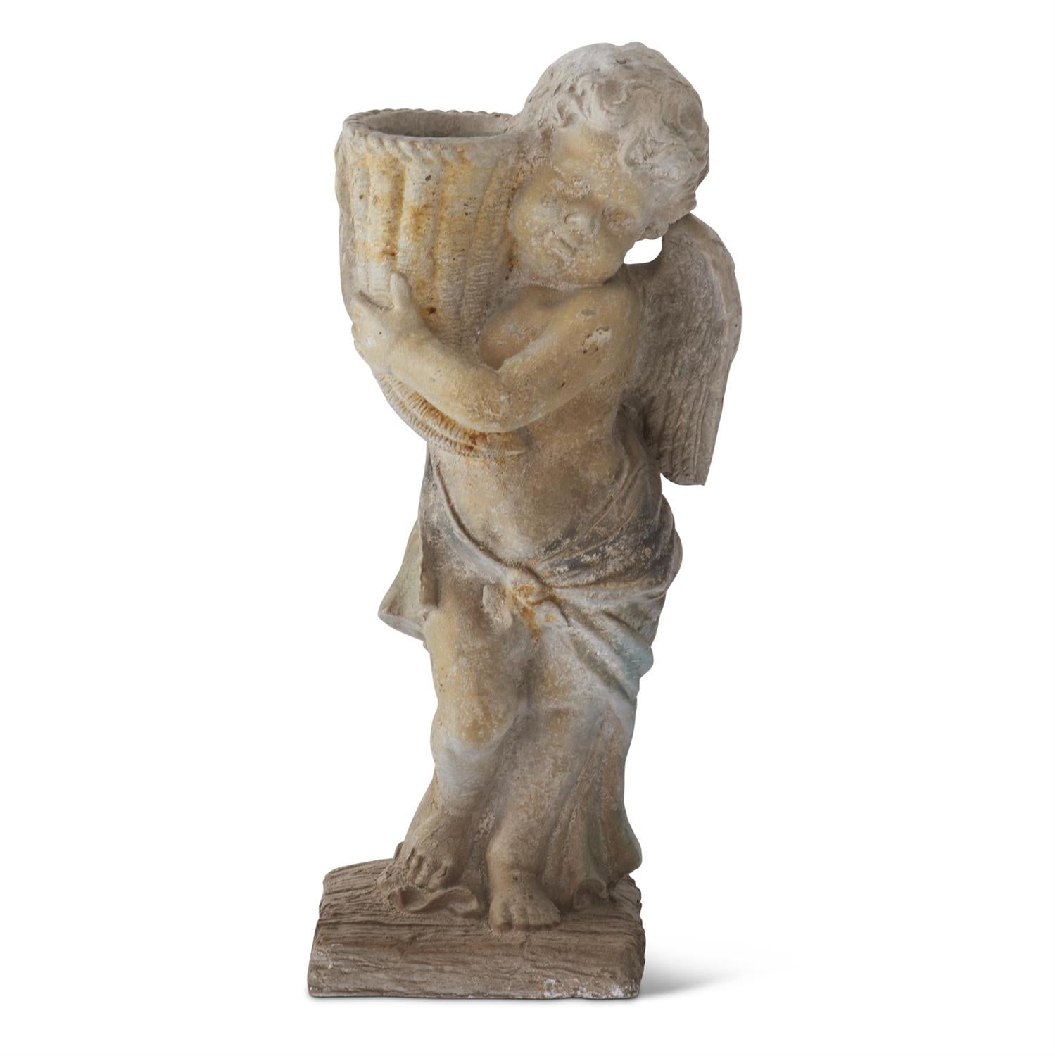 23.5 Inch Patina Cherub Statue Holding Horn