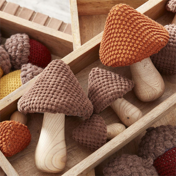 Set of 3 Brown Fabric & Wood Mushrooms