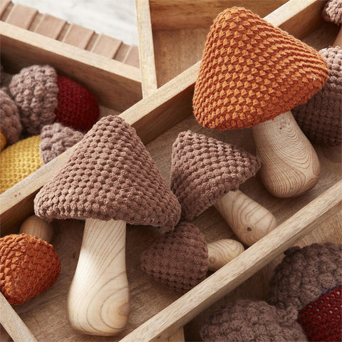 Set of 3 Brown Fabric & Wood Mushrooms