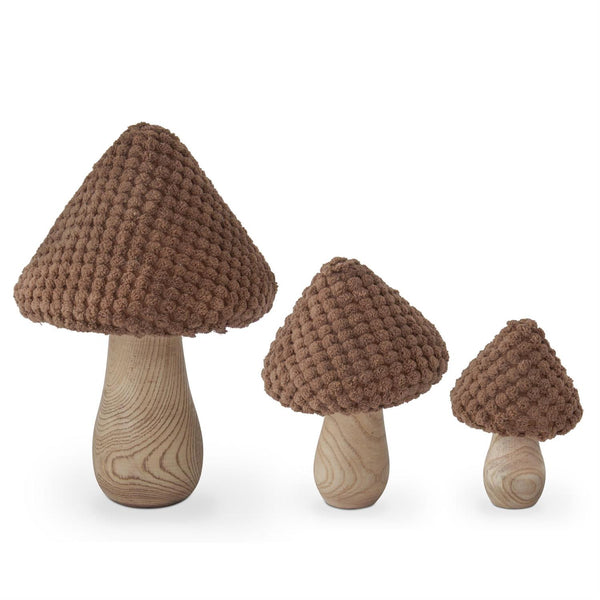 Set of 3 Brown Fabric & Wood Mushrooms