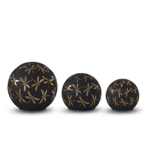 Set of 3 Black & Gold Laser Engraved Dragonfly LED Globes