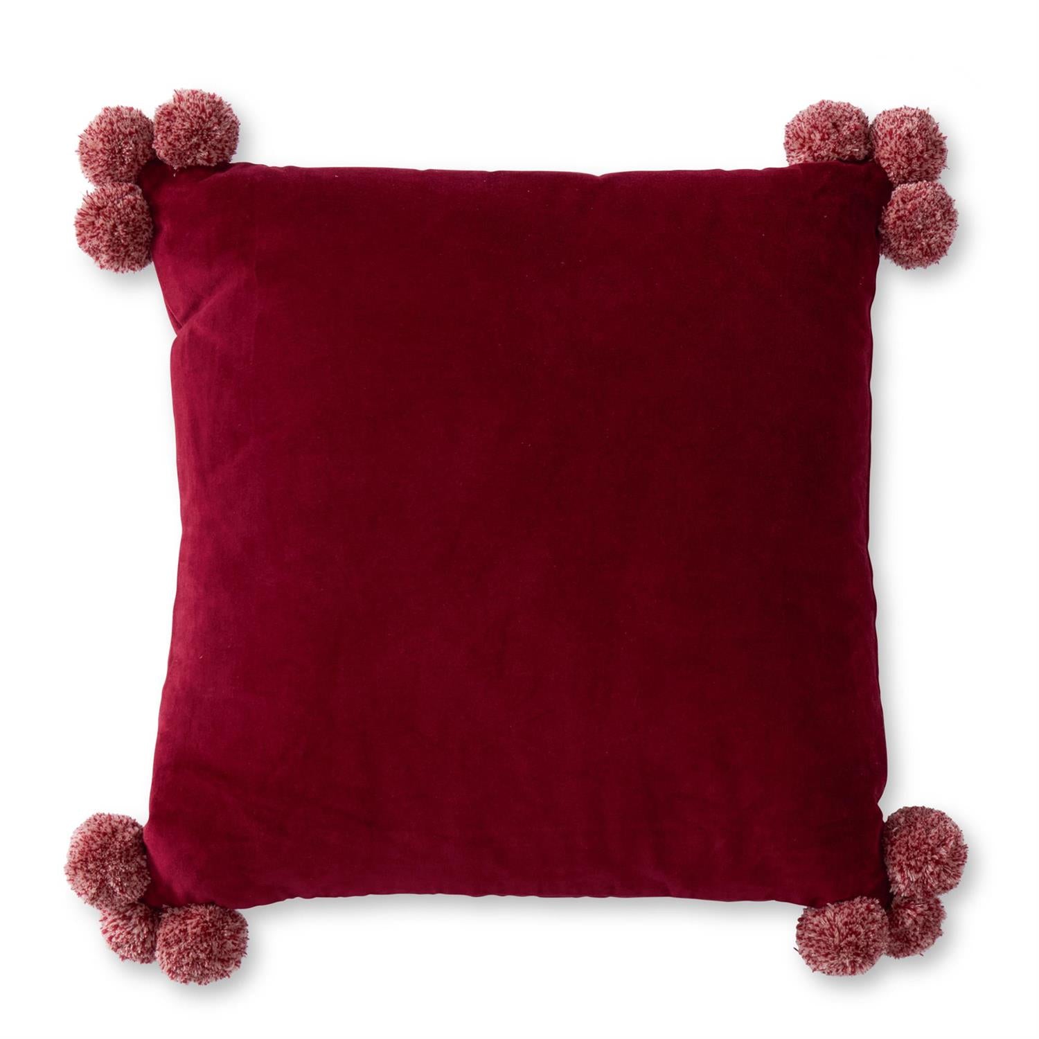 20 Inch Burgundy Velvet Cluster Pom Pom Pillow