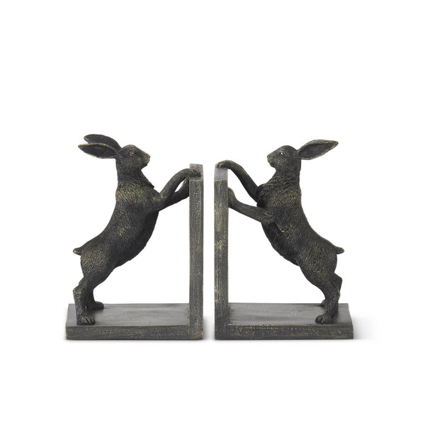 Set of 2 8.75 Inch Black & Gold Resin Rabbit Bookends