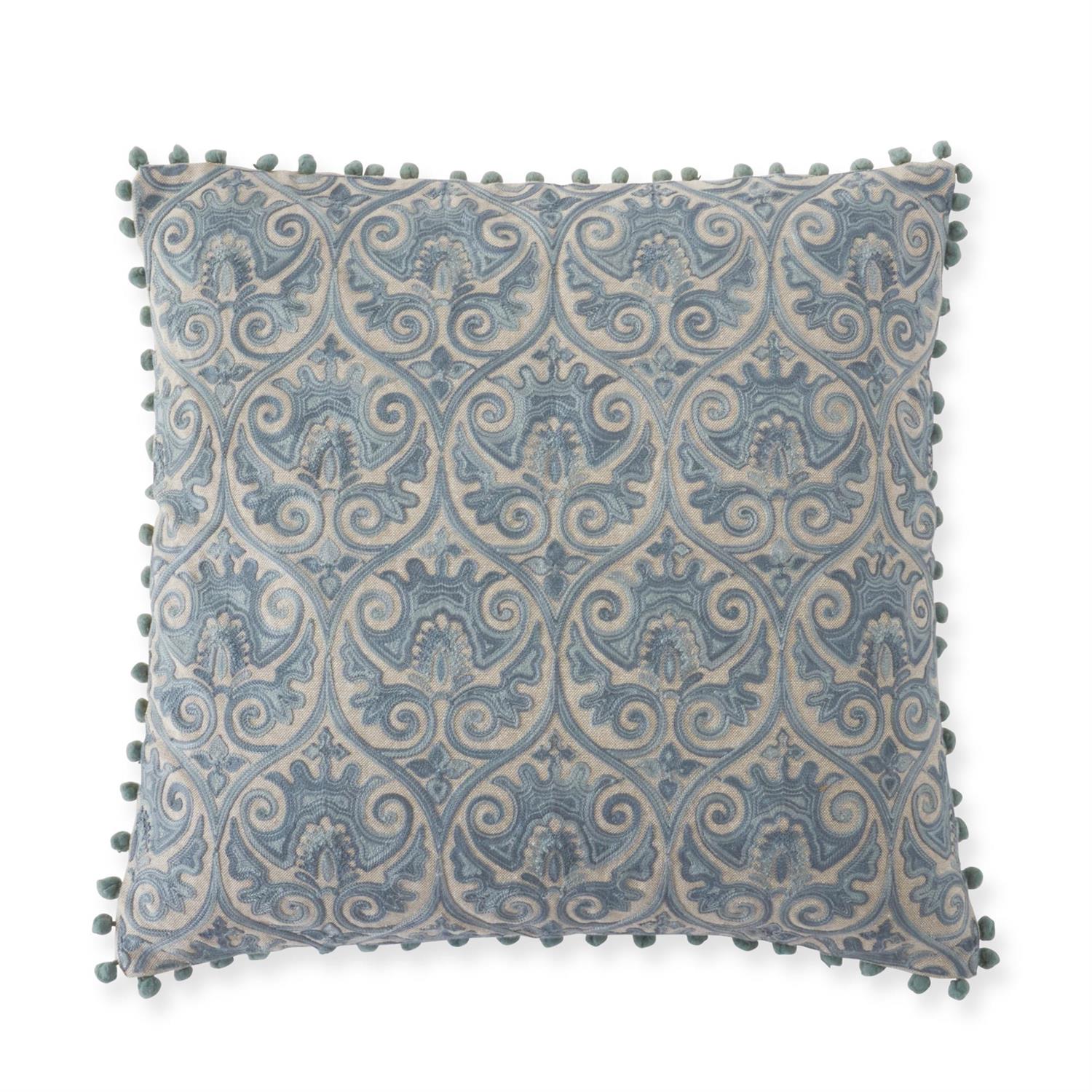 20 Inch Square Blue Gray Crest Embroidered Pillow w/Pom Pom Trim
