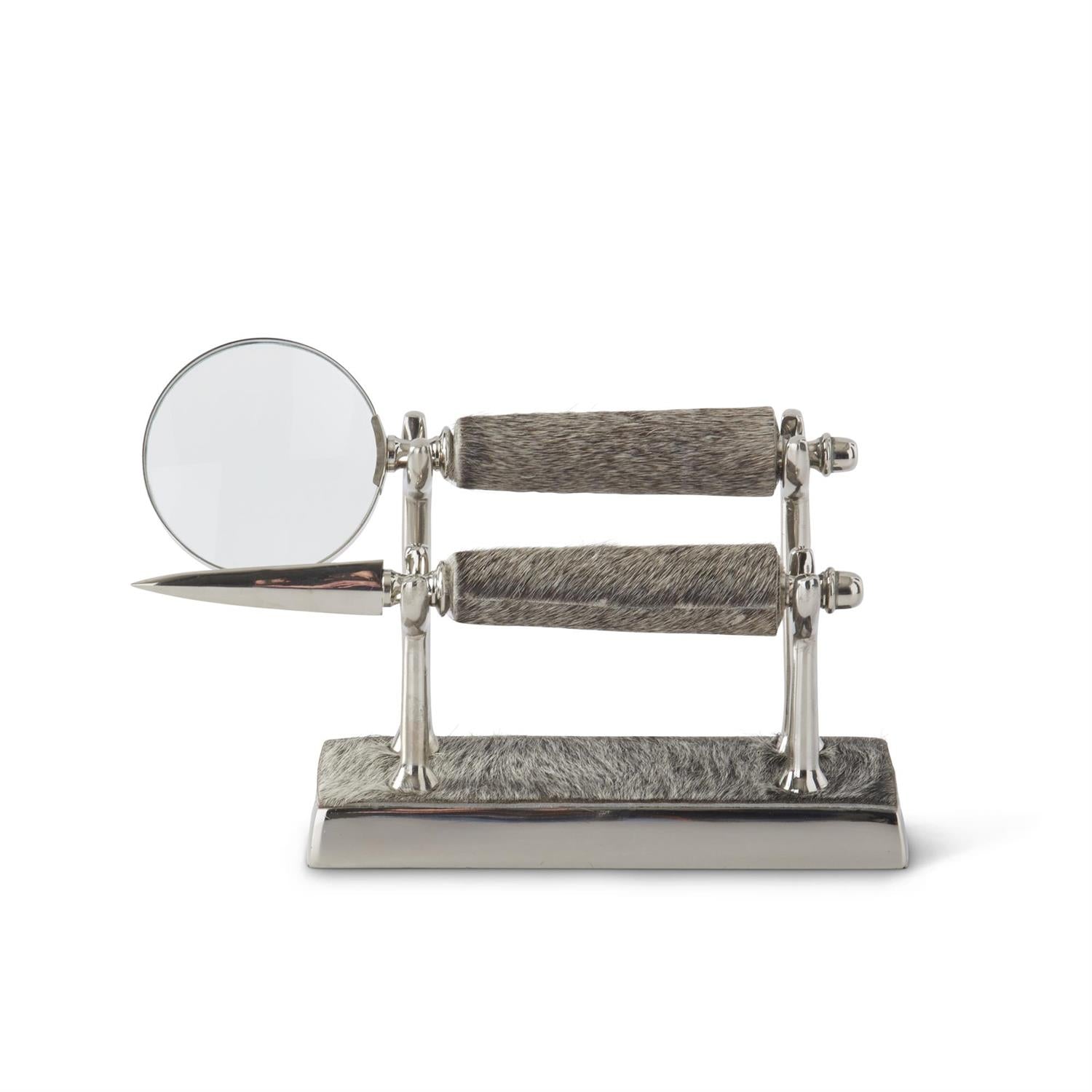 6 Inch Gray Hide Magnifying Glass & Letter Opener on Stand