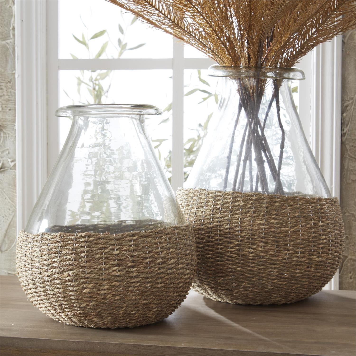 Set of 2 Glass Vases w/Handcrafted Rattan Sleeves