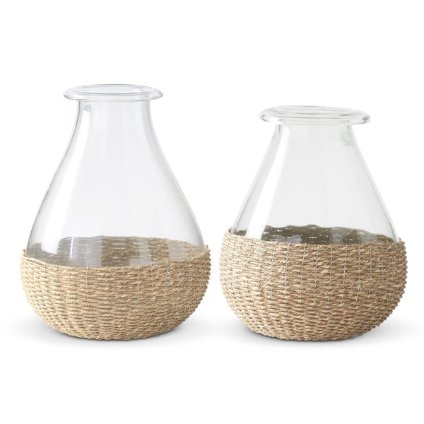Set of 2 Glass Vases w/Handcrafted Rattan Sleeves