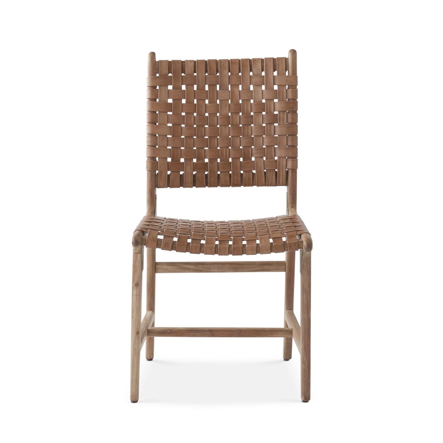 38.25 Inch Handcrafted Woven Tan Buffalo Leather & Acacia Wood Dining Chair