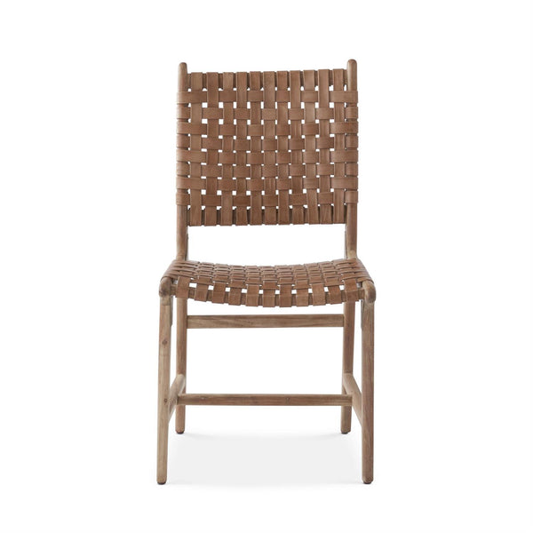 38.25 Inch Handcrafted Woven Tan Buffalo Leather & Acacia Wood Dining Chair