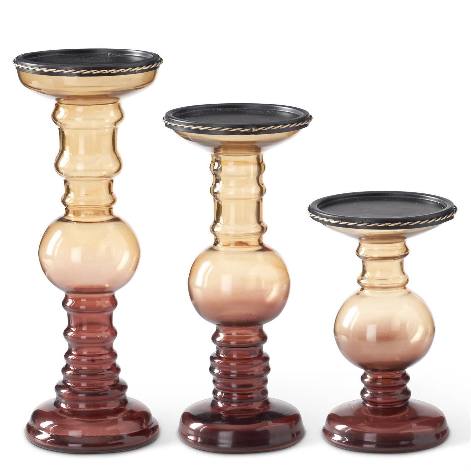 Set of 3 Brown & Burgundy Glass Candleholders w/Gold Braid