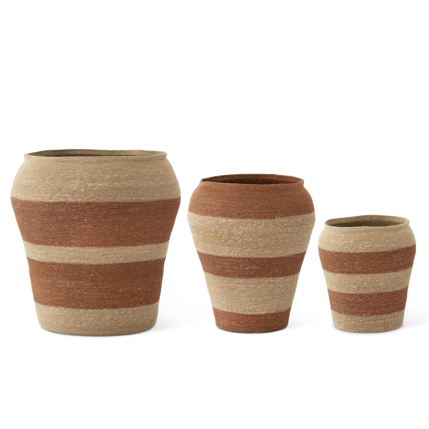 Set of 3 Natural & Brown Striped Woven Seagrass Vases