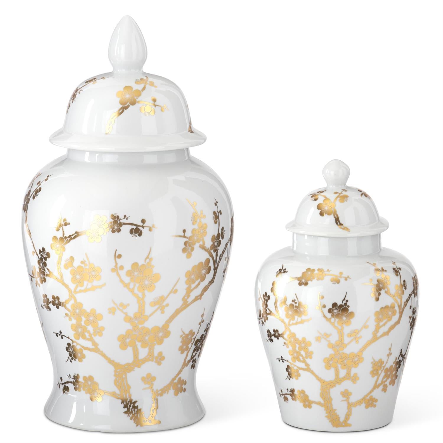 Set of 2 White & Gold Chinoiserie Vases w/Lid