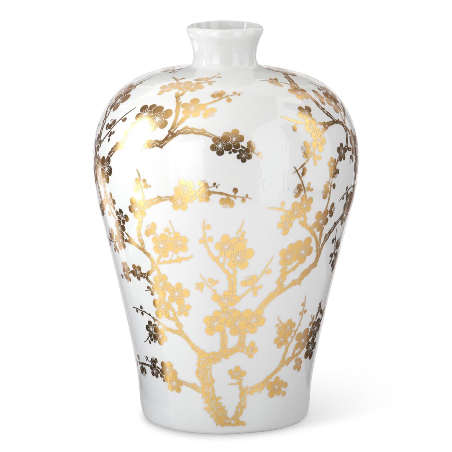 15 Inch White & Gold Chinoiserie Vase
