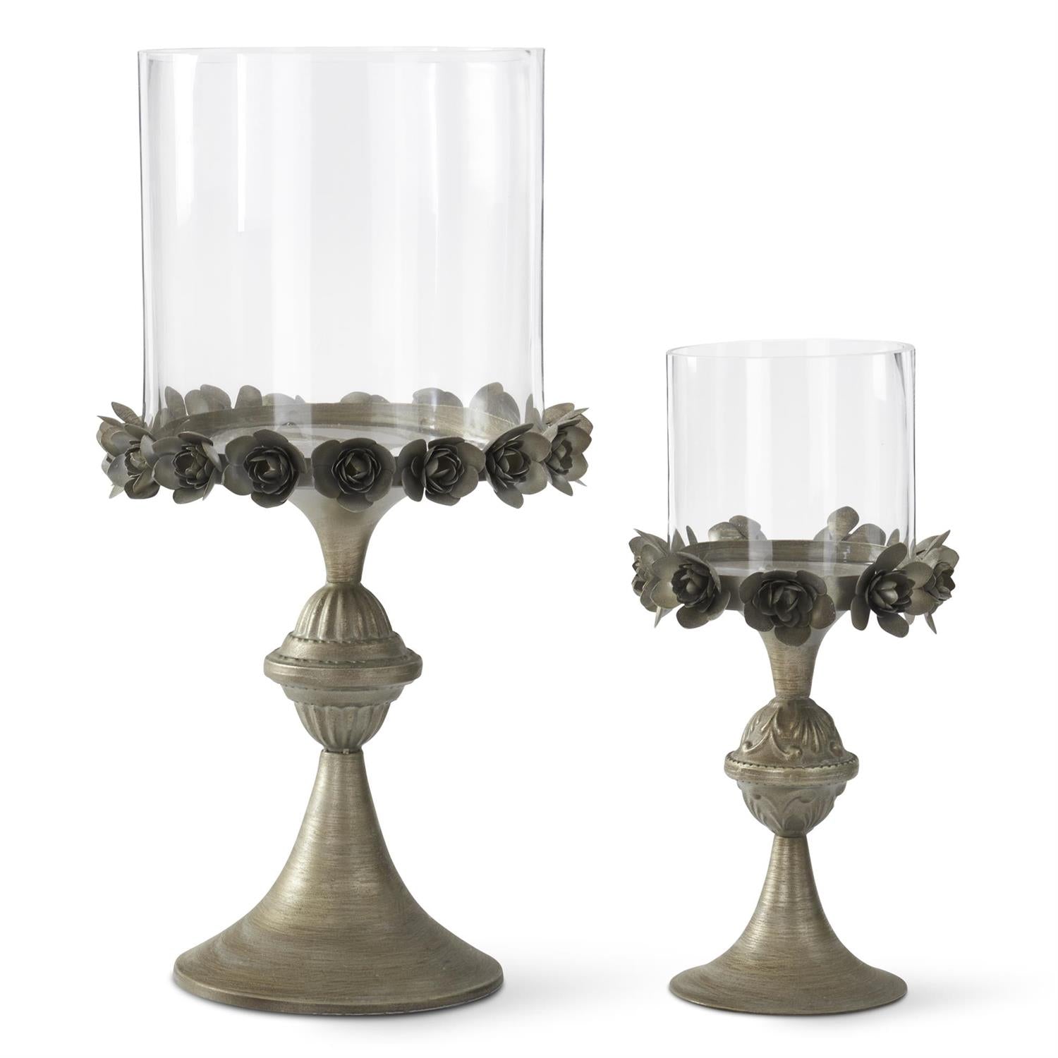 Set of 2 Antiqued Gold Metal Floral Rim Candleholders w/Glass Containers