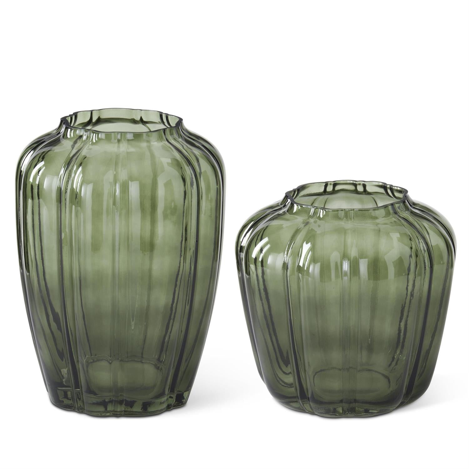 Set of 2 Scalloped Green Line Pressed Glass Vases