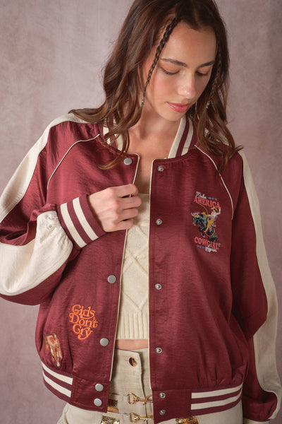39044J Western Patch Satin Varsity Jacket