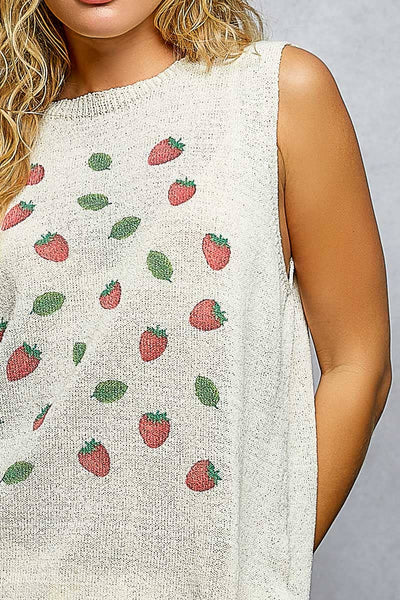 Strawberry Print Thin Sweater Sleeveless Top