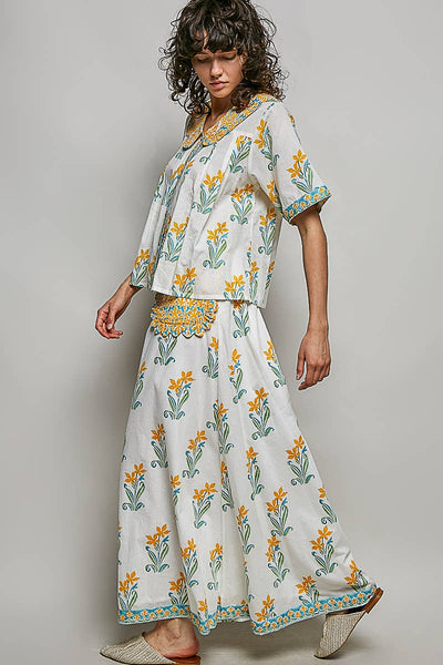 Flowy Fit Floral Ruffle Pocket A-Line Long Skirt