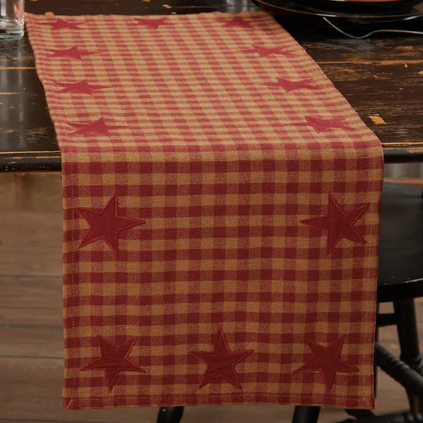 Burgundy Tan Star Check Table Runner Woven 13x36