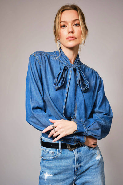 23612T - Tie Neck Hidden Button Chambray Blouse
