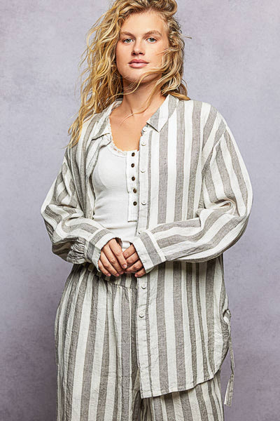 Linen Long Sleeve Side Slit Detail Stripe Shirt Top