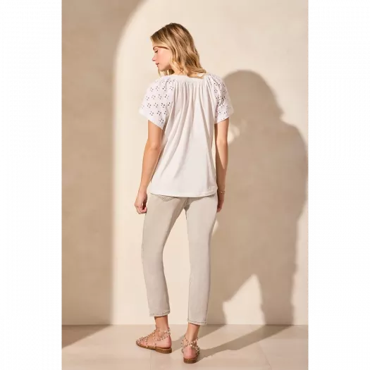 Tribal Embroidered Eyelet Short-Sleeve Notch Neck Top 2 Color Options