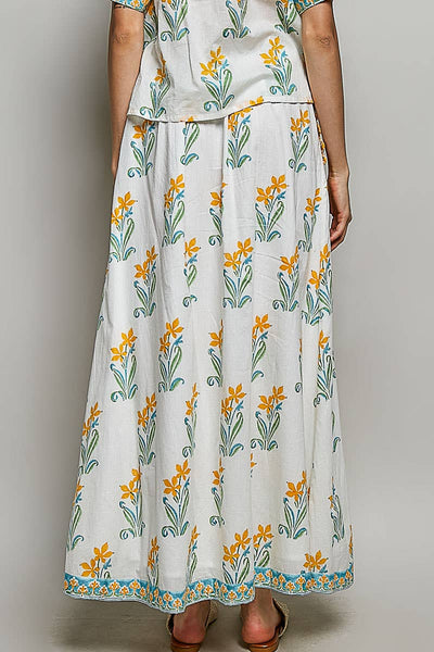 Flowy Fit Floral Ruffle Pocket A-Line Long Skirt