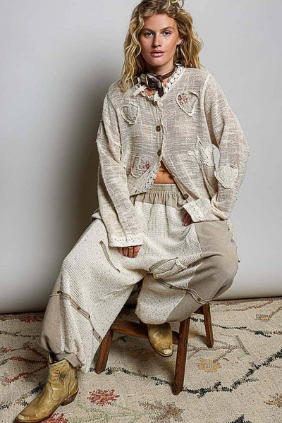 Floral Heart and Star Appliqué Crochet Lace Trim Cardigan