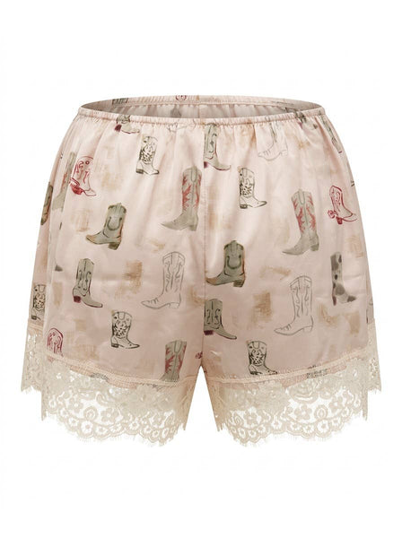Western Boot Print Lace-Trim Shorts