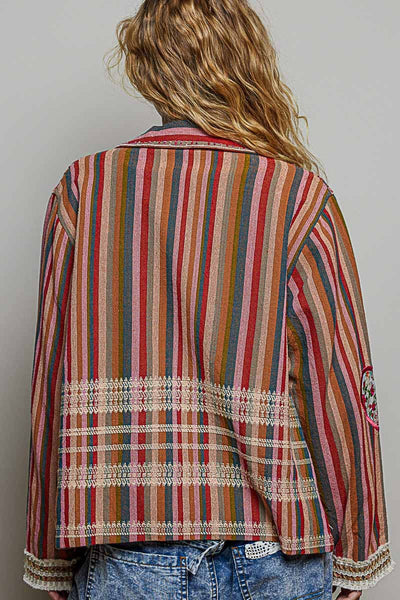 Mixed Striped Plaid Pattern Blocking Raw-Edge Trim Jacket