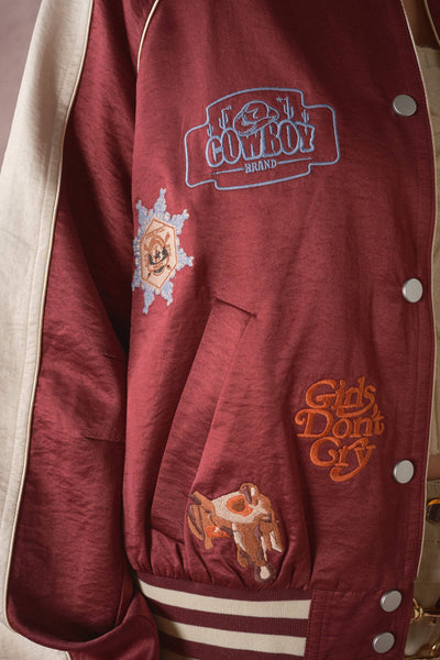 39044J Western Patch Satin Varsity Jacket
