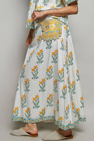 Flowy Fit Floral Ruffle Pocket A-Line Long Skirt
