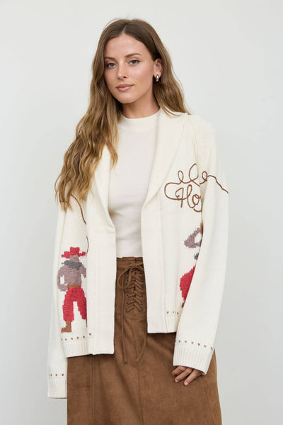 HOWDY COWBOY JACQUARD SHAWL COLLAR KNIT CARDIGAN