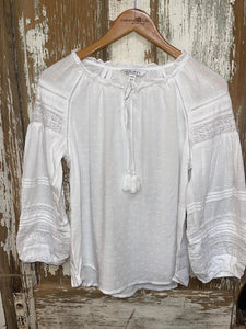 Tribal 3/4 Sleeve Blouse W/ Decorative Tapes- White