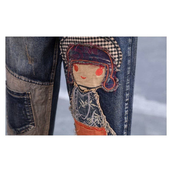 Retro Embroidery Patchwork Casual Loose Harem Jeans